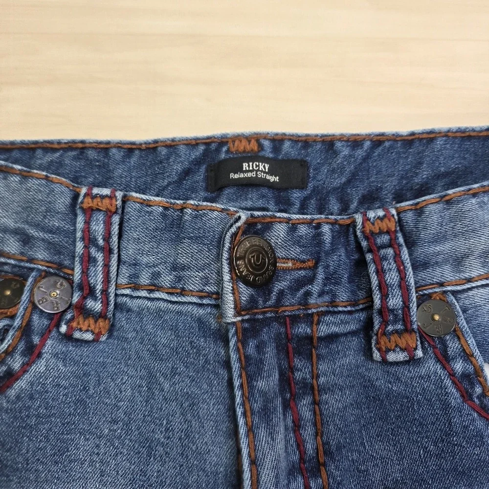 True Religion Ricky Super T Flap Jeans Size 31 Thick Red Contrast‎ Stitch USA